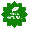 100% Natural label with a green leaf on a white background
