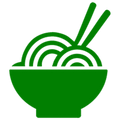 Green icon of a bowl with noodles and chopsticks on a white background