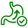 Green icon of a stomach with an arrow pointing upwards and a check mark, indicating a positive digestive process.