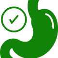 Green icon of a stomach with a check mark inside a circle on a white background