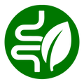 Logo with a white intestine and leaf on a green circle
