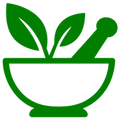 Green icon of a mortar and pestle with leaves on a white background