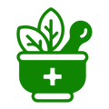 Green icon of a potted plant with a plus sign on a white background