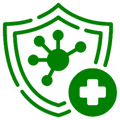 Green icon of a shield with a virus symbol and a cross, indicating health and safety.
