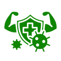 Green shield with a cross, flexing muscles, and a virus on a white background