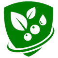 Green shield icon with white leaves and droplets on a white background