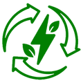 Green icon with a lightning bolt and leaves surrounded by recycling arrows on a white background