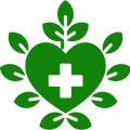 Green heart with a white cross surrounded by leaves on a white background