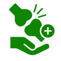 Green icon of a hand holding two other hands with a plus sign, on a white background