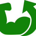 Green icon of a flexed arm muscle with a recycling arrow, symbolizing fitness and sustainability.