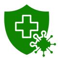 Green shield with a white cross and a virus symbol on a white background