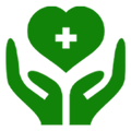 Green icon of two hands holding a heart with a white cross symbol