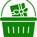 Green icon of a shopping basket with a gift inside on a white background