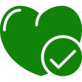 Green heart with a white check mark inside on a white background
