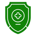 Green shield emblem with a white cross in the center on a white background