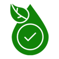 Green icon with a leaf and check mark on a white background