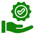 Green icon of a hand holding a check mark on a white background