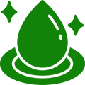 Green icon of a water droplet with concentric circles and stars on a white background