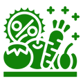 Green and white logo with abstract shapes and symbols on a white background