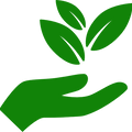 Green icon of a hand holding three leaves on a white background