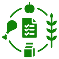 Green icon set with an apple, document, chicken leg, and box on a white background